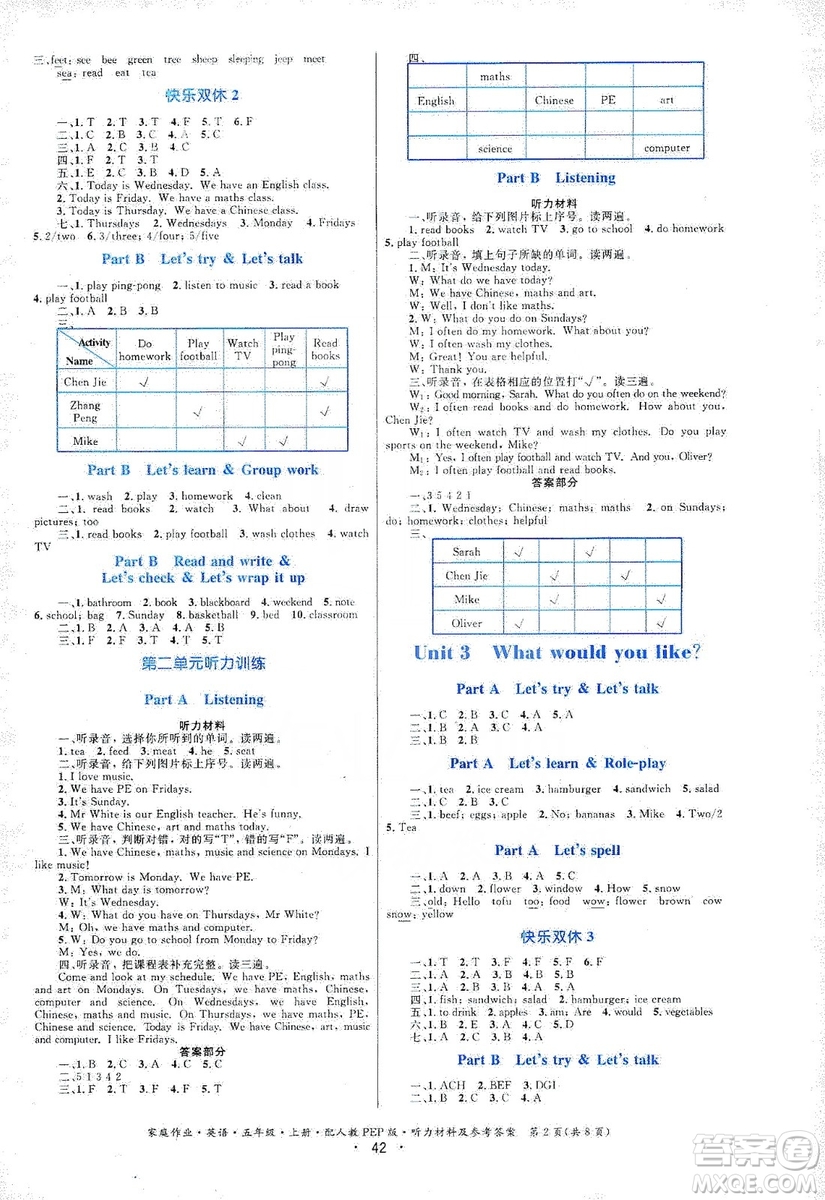 貴州教育出版社2019家庭作業(yè)五年級英語上冊人教PEP版答案