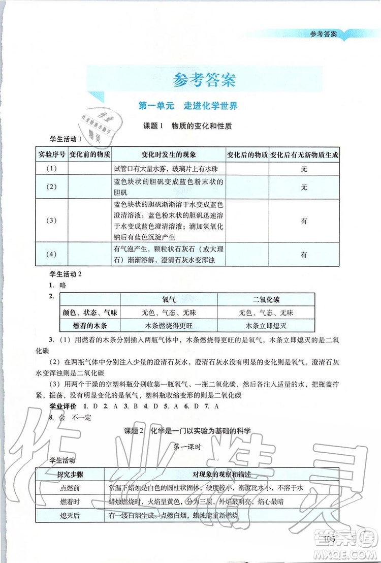 2019年陽光學(xué)業(yè)評價(jià)化學(xué)九年級上冊人教版參考答案