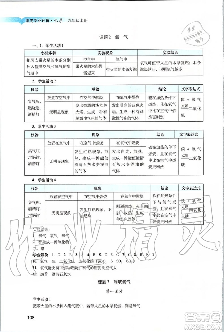 2019年陽光學(xué)業(yè)評價(jià)化學(xué)九年級上冊人教版參考答案