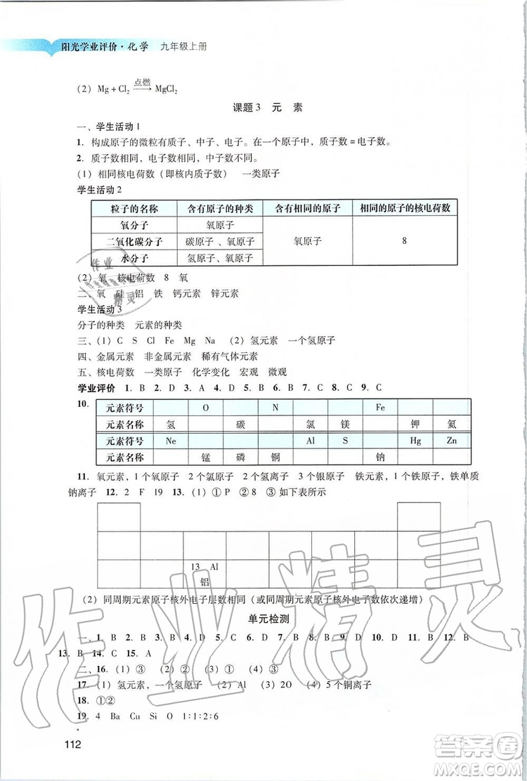 2019年陽光學(xué)業(yè)評價(jià)化學(xué)九年級上冊人教版參考答案