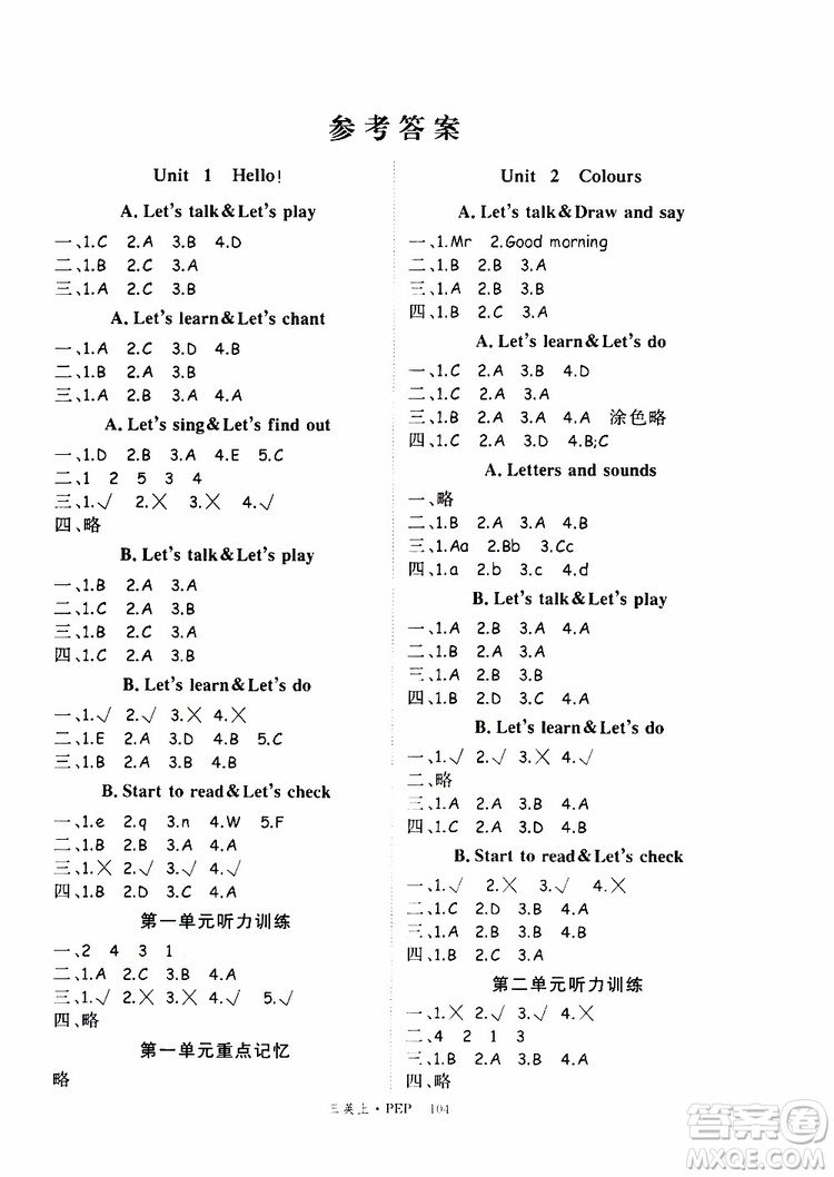 2019秋優(yōu)翼叢書學(xué)練優(yōu)小學(xué)英語三年級上PEP人教版參考答案