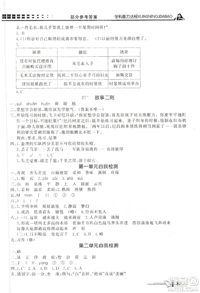 花山文藝出版社2019花山小狀元學(xué)習(xí)力提升達(dá)標(biāo)四年級(jí)語(yǔ)文上冊(cè)人教版答案