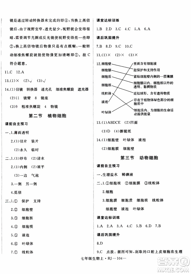 2019秋優(yōu)翼叢書學練優(yōu)生物七年級上RJ人教版參考答案