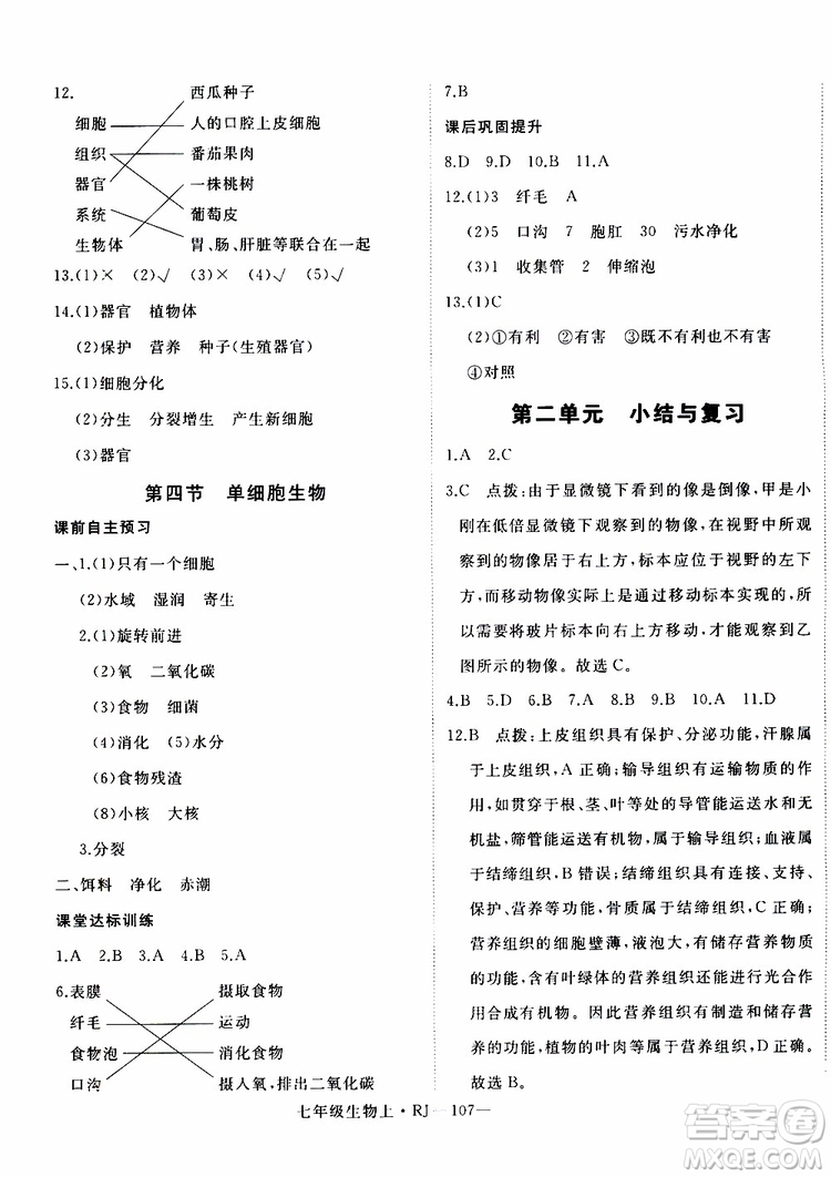 2019秋優(yōu)翼叢書學練優(yōu)生物七年級上RJ人教版參考答案