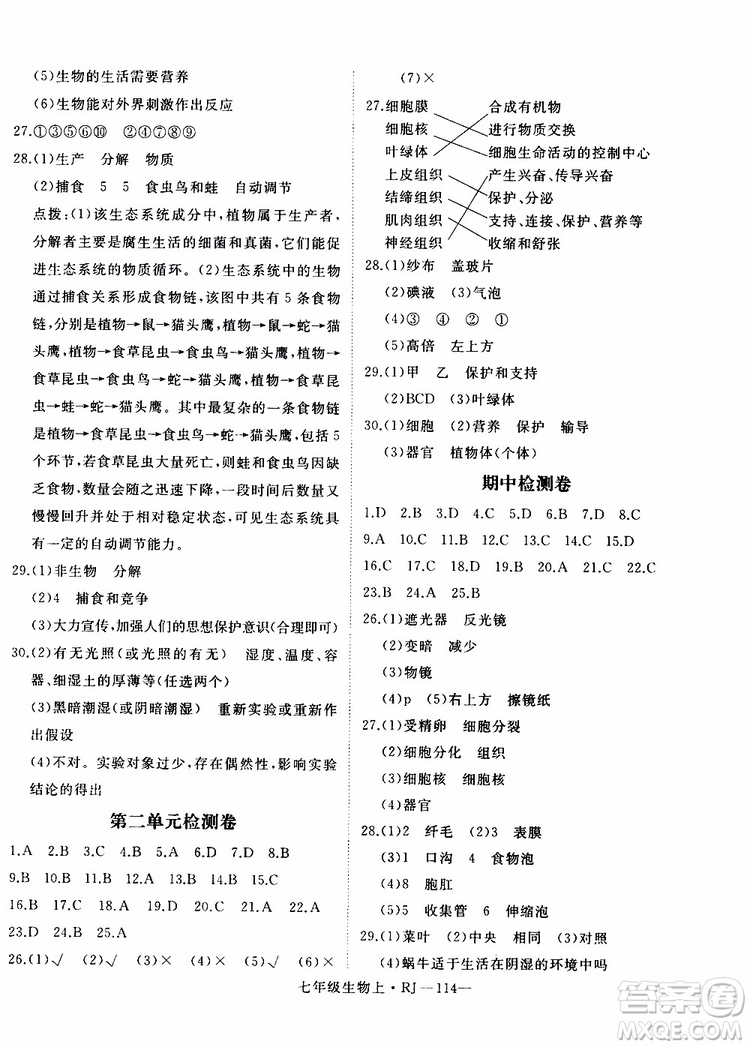 2019秋優(yōu)翼叢書學練優(yōu)生物七年級上RJ人教版參考答案