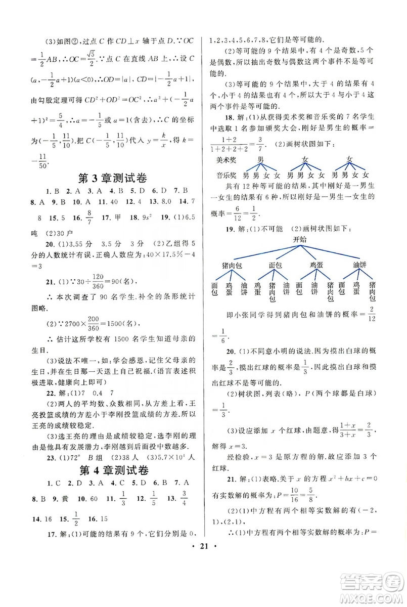 江蘇人民出版社2019啟東黃岡作業(yè)本九年級數(shù)學(xué)上冊江蘇科技教材適用答案