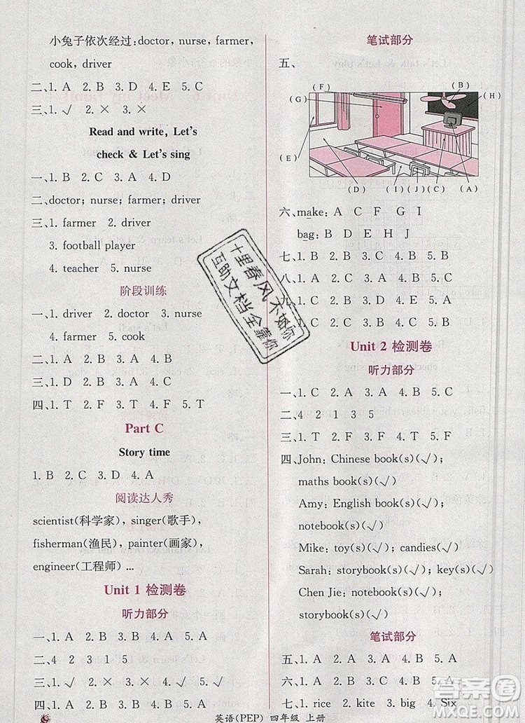 2019年秋人教版同步導(dǎo)學(xué)案課時練四年級英語上冊答案