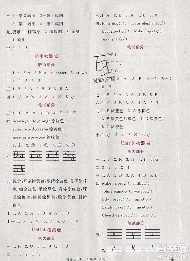 2019年秋人教版同步導(dǎo)學(xué)案課時練三年級英語上冊答案