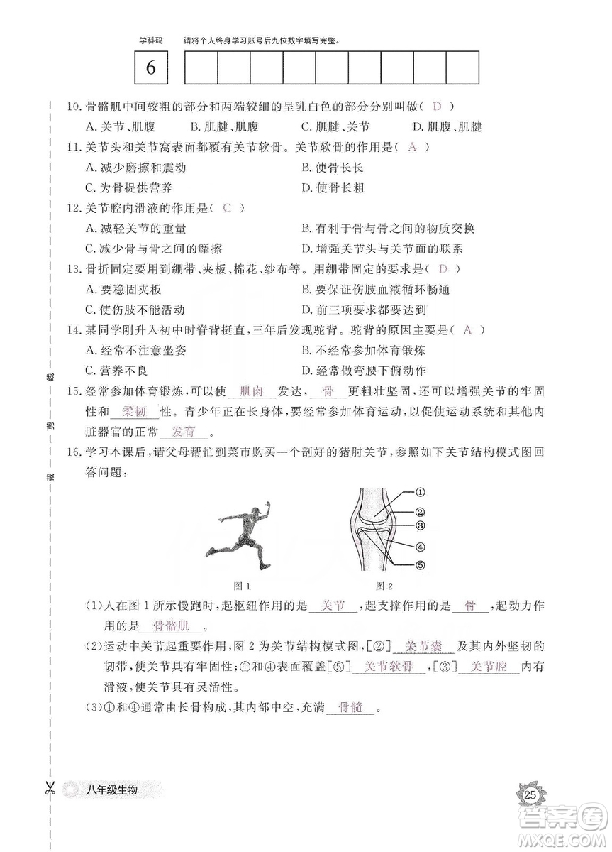 江西教育出版社2019生物作業(yè)本八年級上冊河北少兒版答案