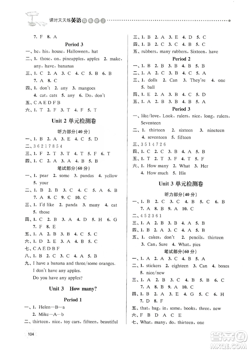 南大勵(lì)學(xué)2019課時(shí)天天練四年級(jí)英語(yǔ)上冊(cè)譯林版答案