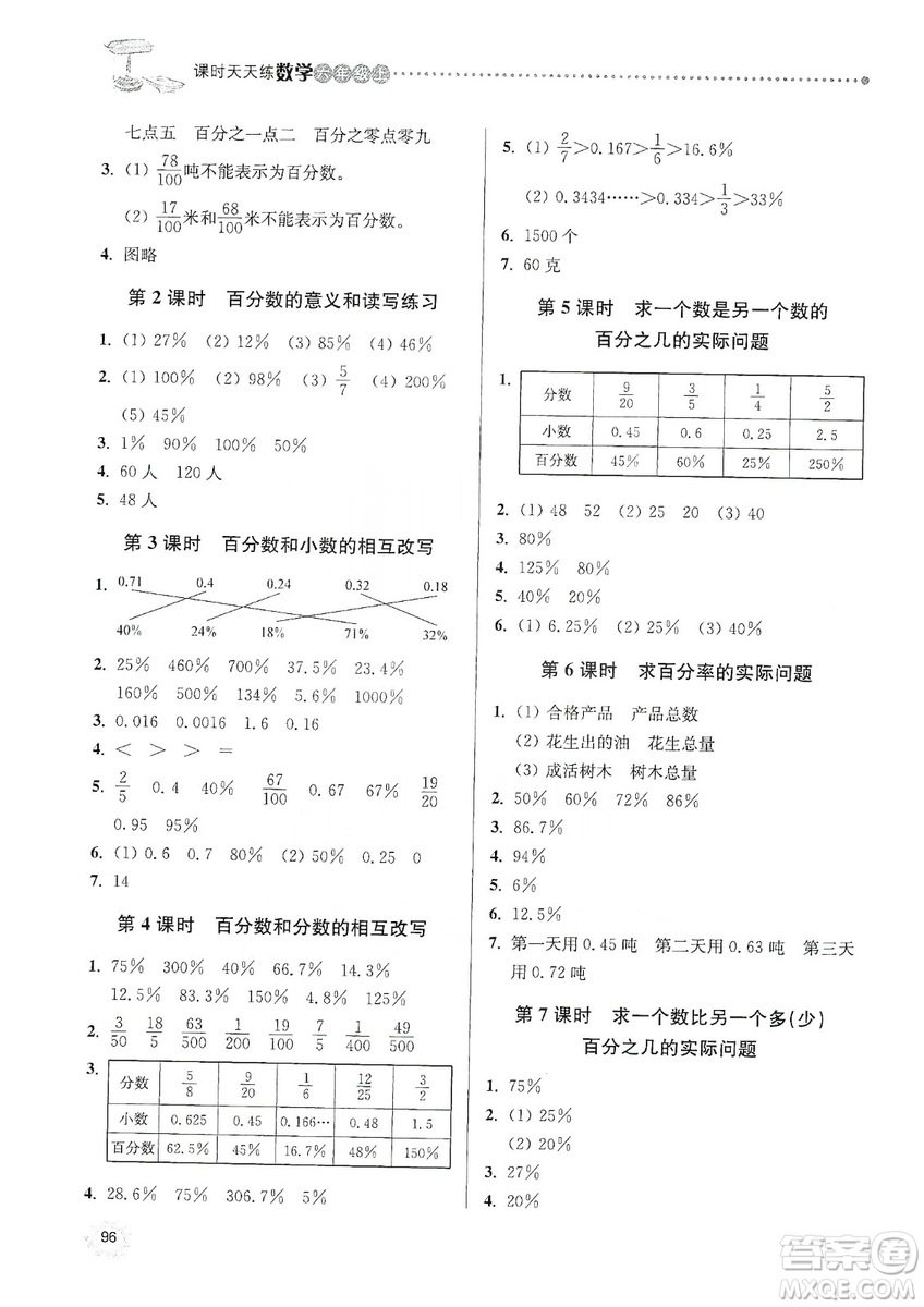 南大勵(lì)學(xué)2019課時(shí)天天練六年級(jí)數(shù)學(xué)上冊(cè)蘇教版答案