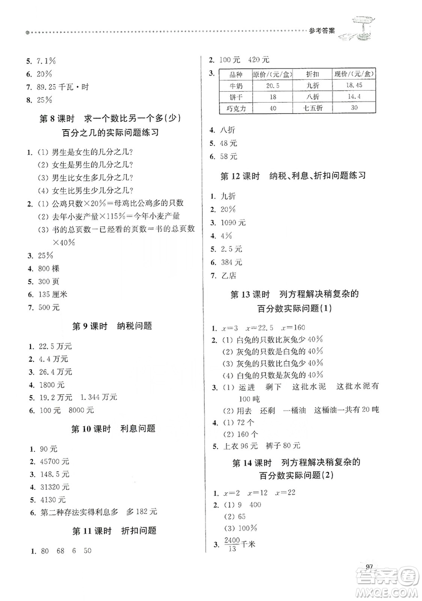 南大勵(lì)學(xué)2019課時(shí)天天練六年級(jí)數(shù)學(xué)上冊(cè)蘇教版答案