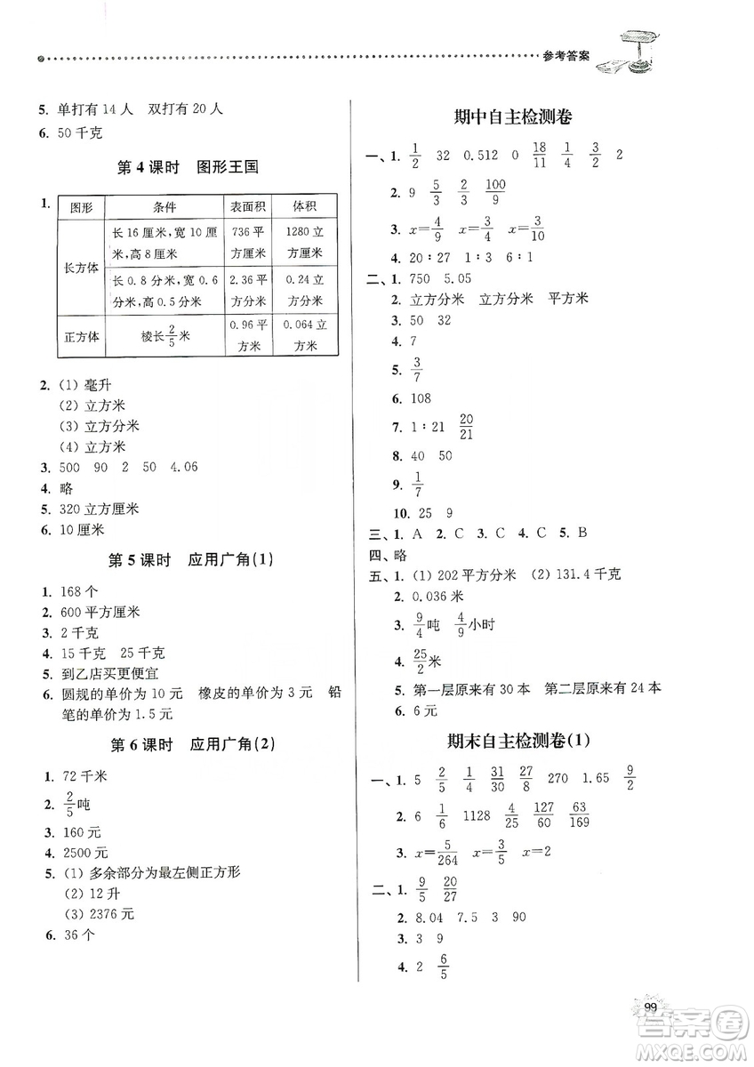 南大勵(lì)學(xué)2019課時(shí)天天練六年級(jí)數(shù)學(xué)上冊(cè)蘇教版答案