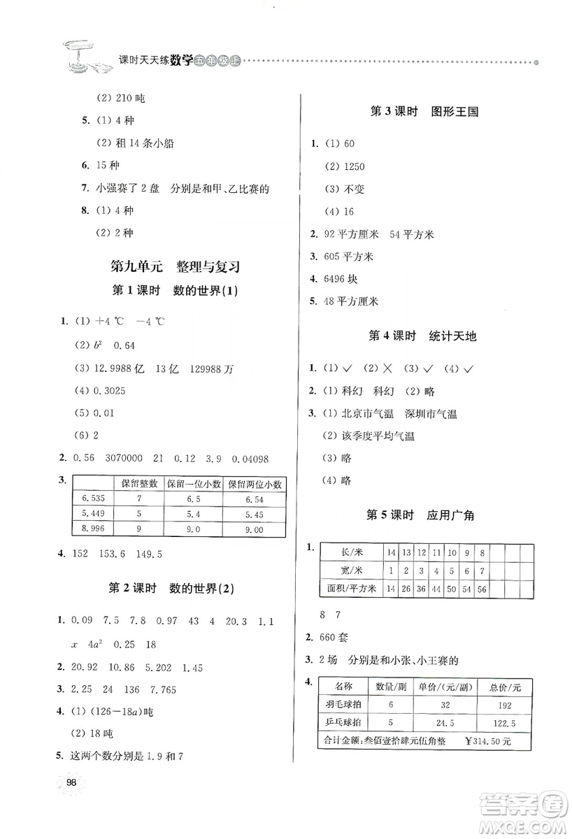 南大勵(lì)學(xué)2019課時(shí)天天練五年級數(shù)學(xué)上冊蘇教版答案