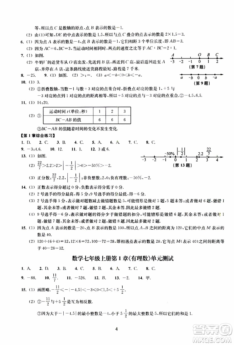 2019年提升版同步練習(xí)數(shù)學(xué)七年級(jí)上冊(cè)浙教版參考答案