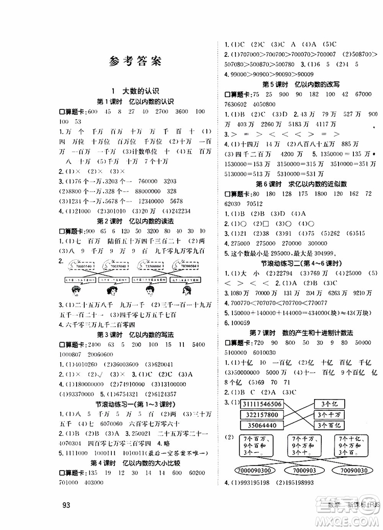 2019年英才小狀元同步優(yōu)化練與測四年級(jí)上冊數(shù)學(xué)RJ人教版參考答案