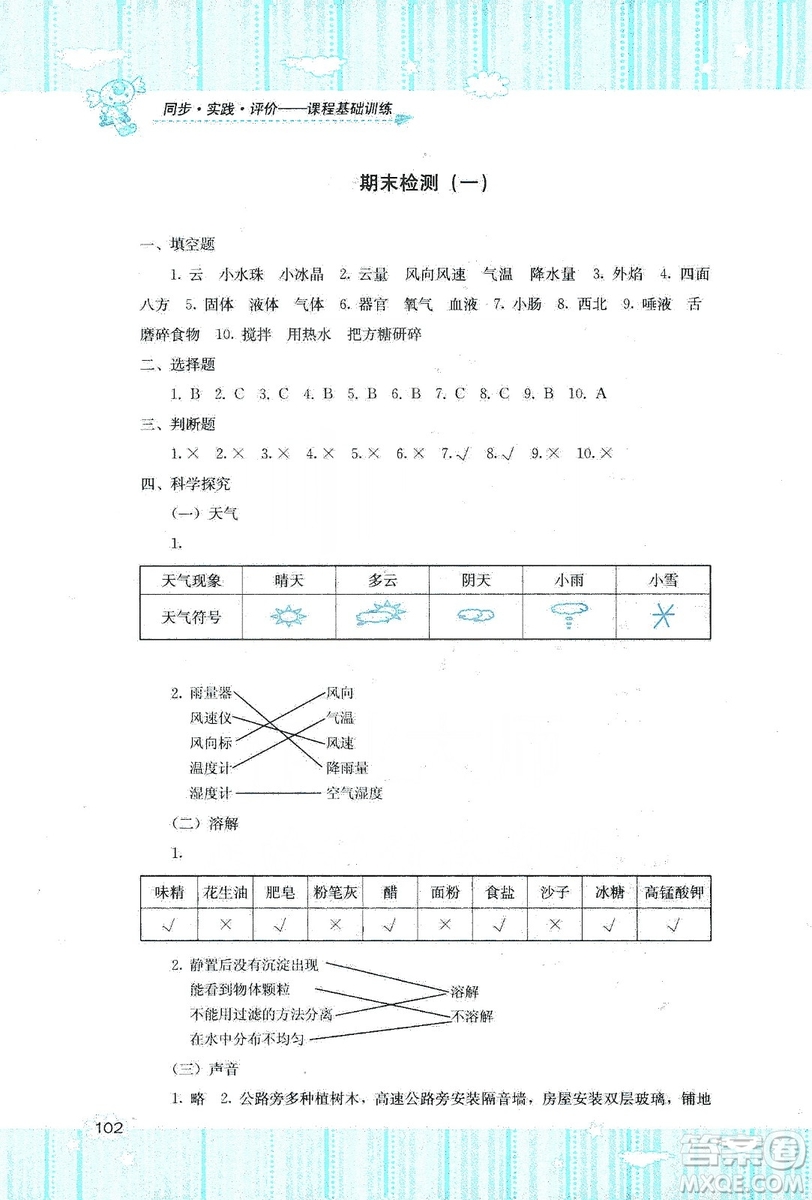 湖南少年兒童出版社2019課程基礎(chǔ)訓(xùn)練四年級上冊科學(xué)教科版答案