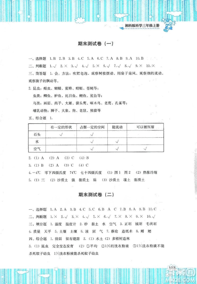 湖南少年兒童出版社2019課程基礎(chǔ)訓(xùn)練三年級(jí)上冊(cè)科學(xué)湘科版答案