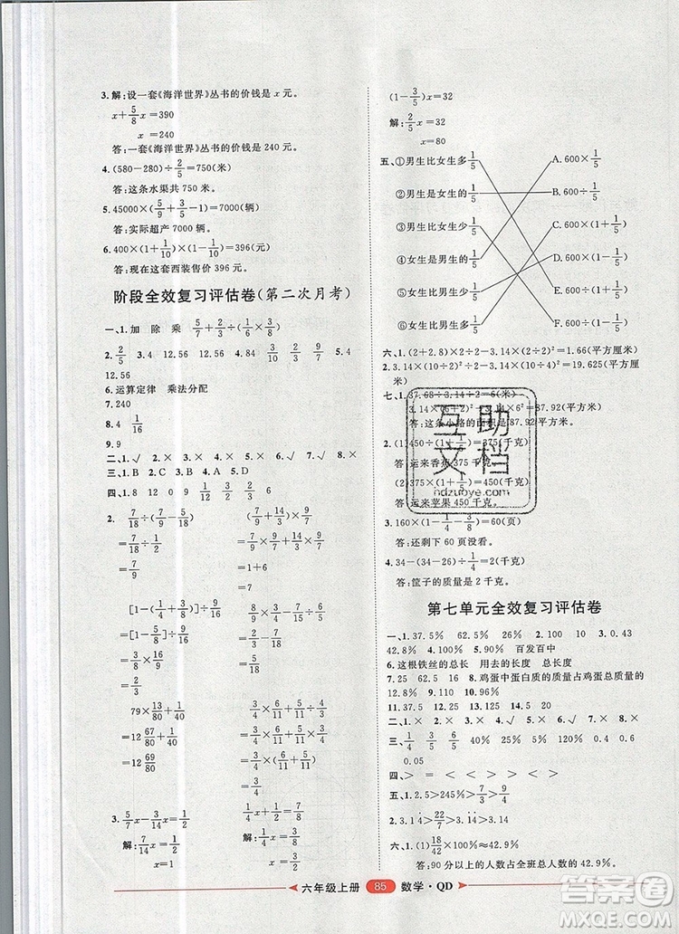 2019秋季陽(yáng)光計(jì)劃第二步六年級(jí)數(shù)學(xué)上冊(cè)青島版答案