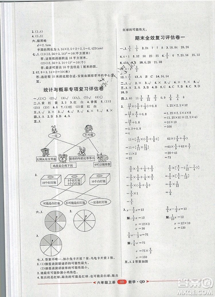 2019秋季陽(yáng)光計(jì)劃第二步六年級(jí)數(shù)學(xué)上冊(cè)青島版答案