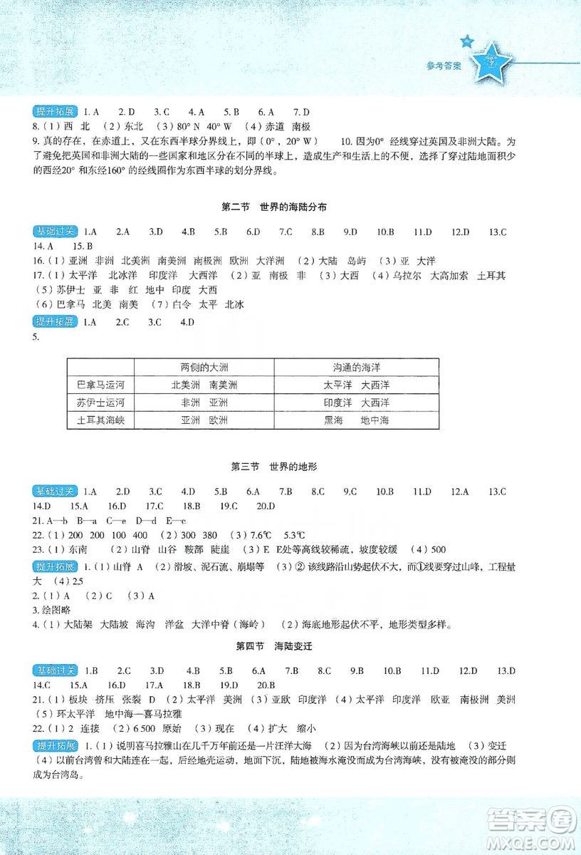 湖南教育出版社2019初中地理新課標(biāo)同步伴你學(xué)七年級(jí)上冊(cè)湘教版答案