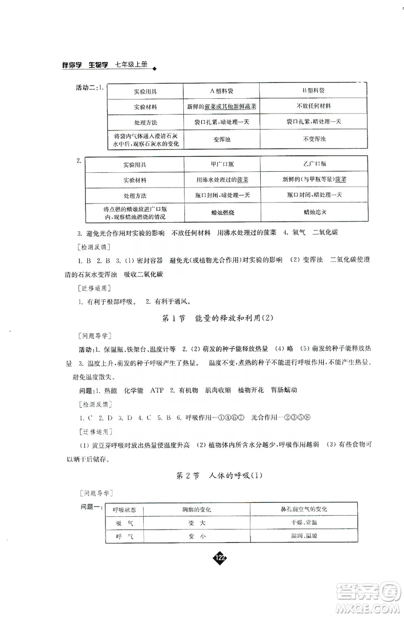 江蘇人民出版社2019伴你學(xué)七年級(jí)上冊生物學(xué)蘇科版答案