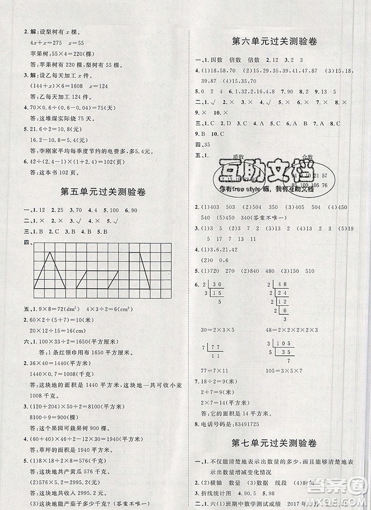 2019秋季陽光計(jì)劃第一步五年級(jí)上冊(cè)數(shù)學(xué)青島版答案