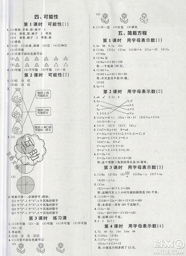 2019秋季陽光計劃第一步五年級上冊數(shù)學(xué)人教版答案