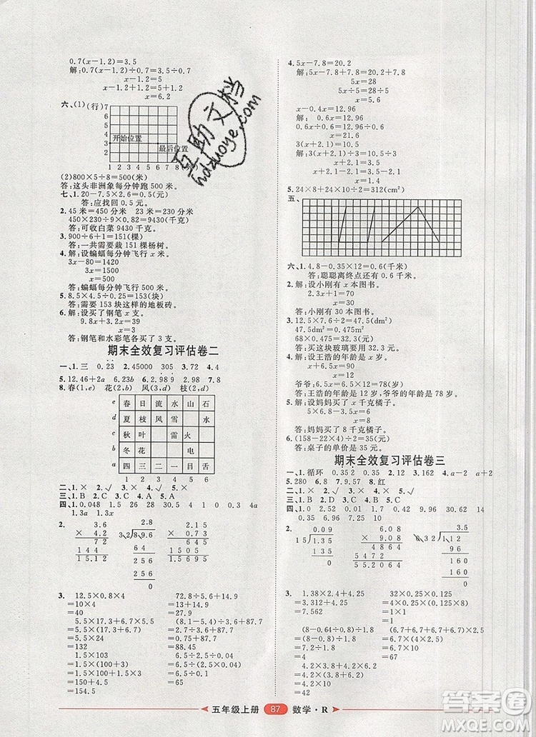 2019秋季陽光計劃第二步五年級數學上冊人教版答案