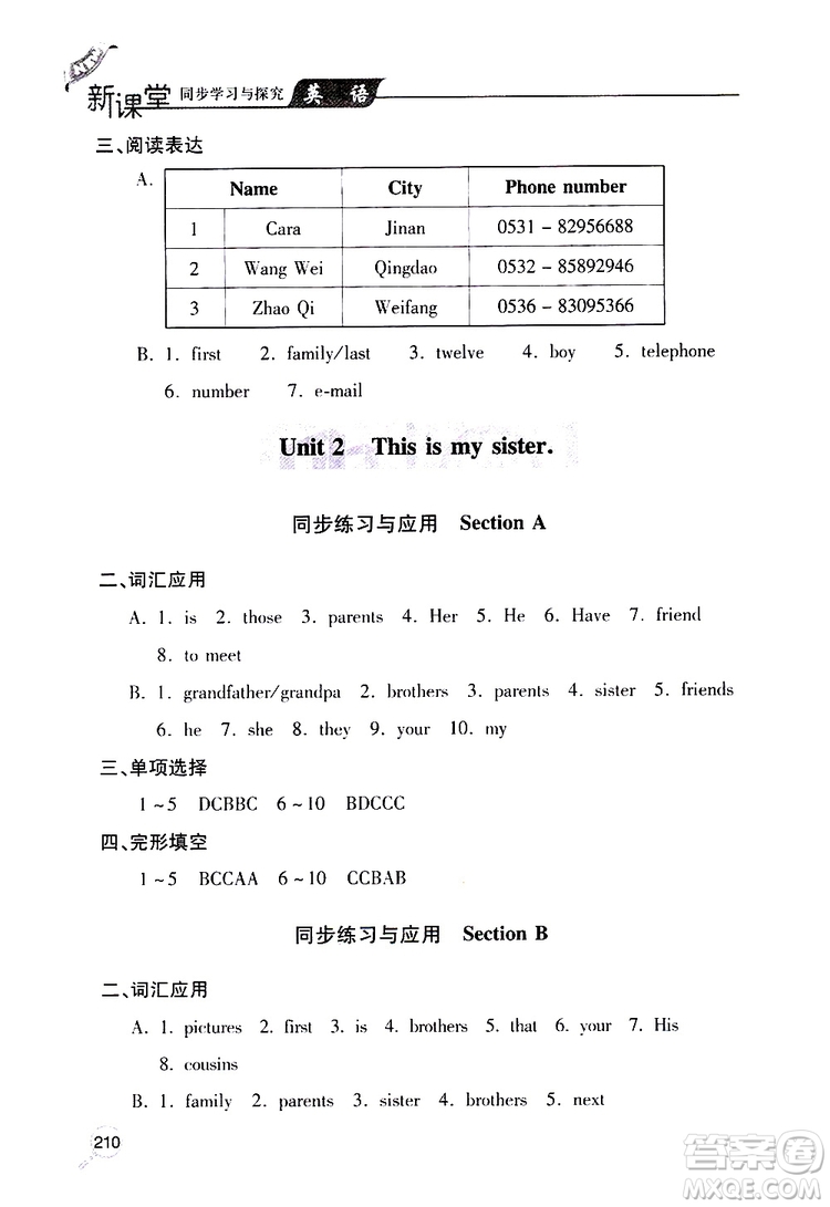 2019年新課堂同步學(xué)習(xí)與探究英語七年級(jí)上學(xué)期人教版參考答案