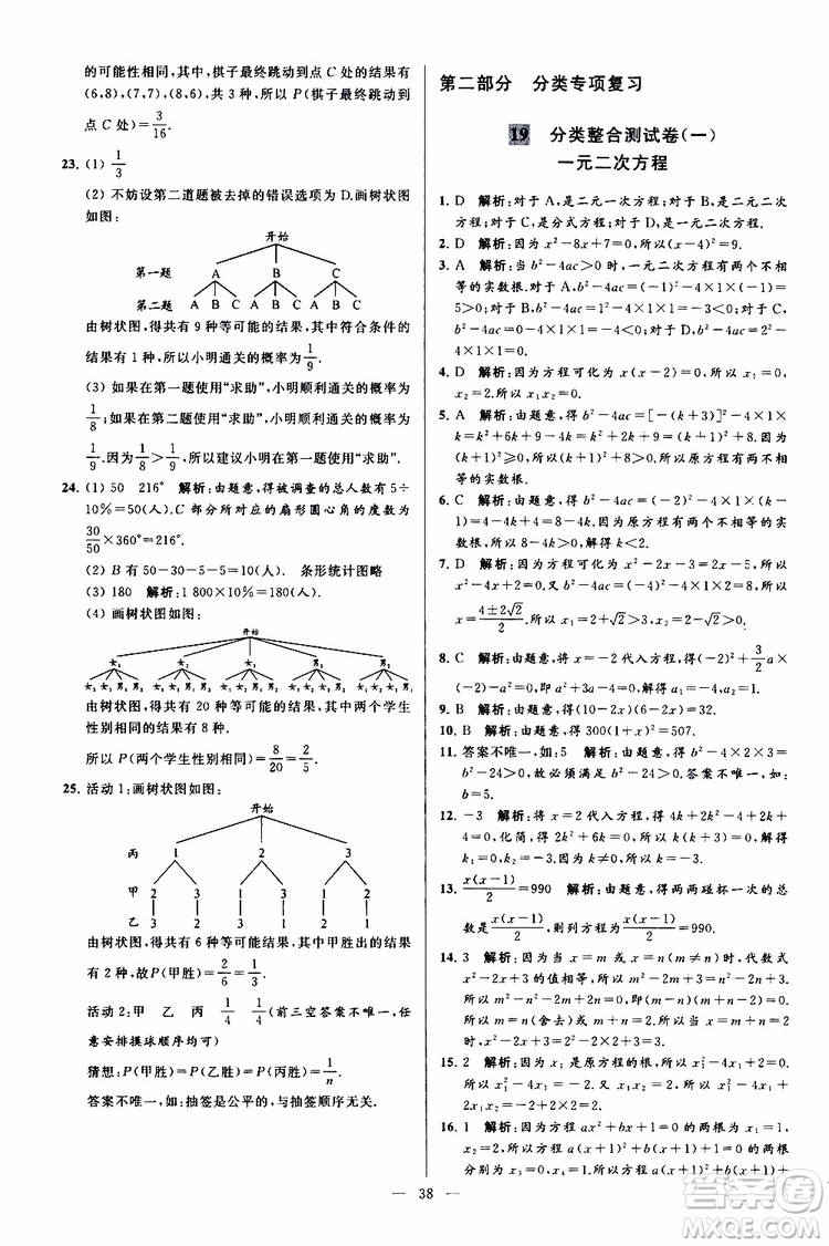 2019年亮點給力大試卷數(shù)學(xué)九年級上冊人教版參考答案