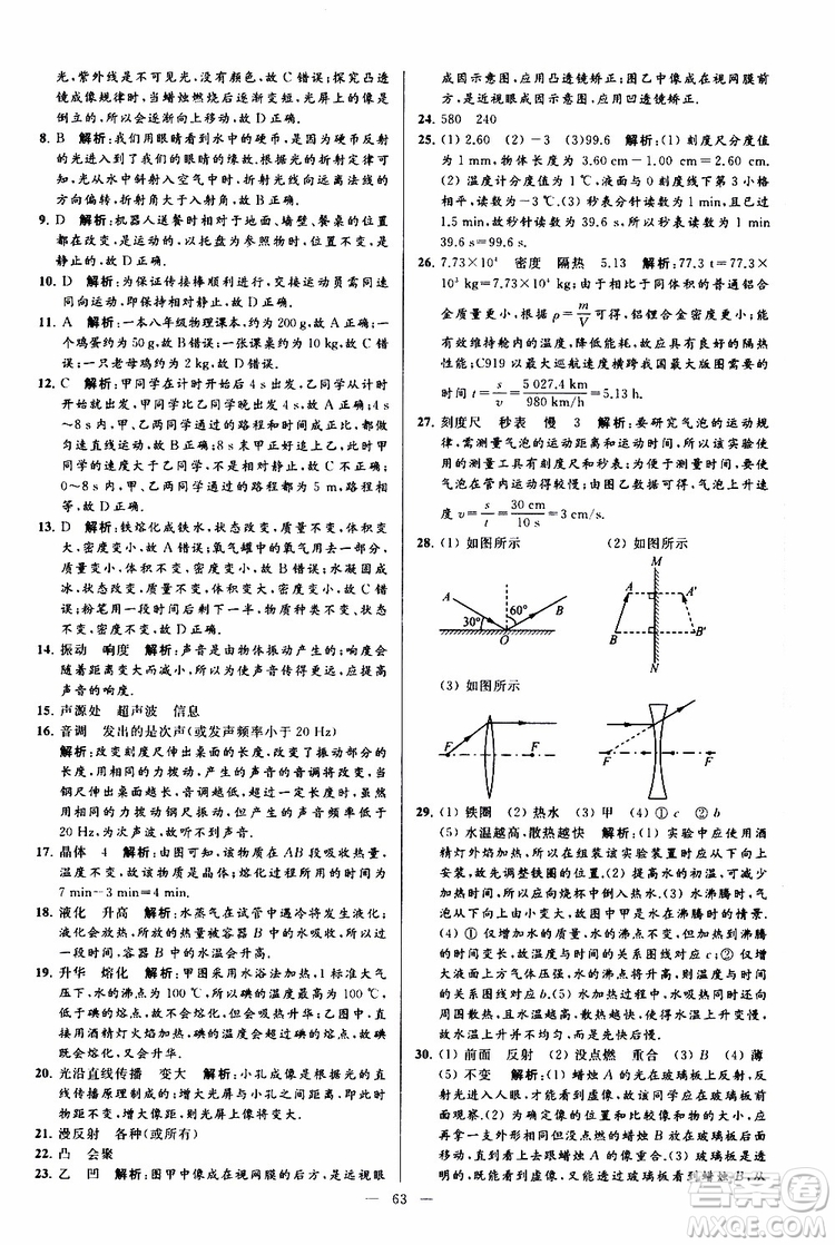 2019年亮點(diǎn)給力大試卷物理八年級(jí)上冊(cè)人教版參考答案