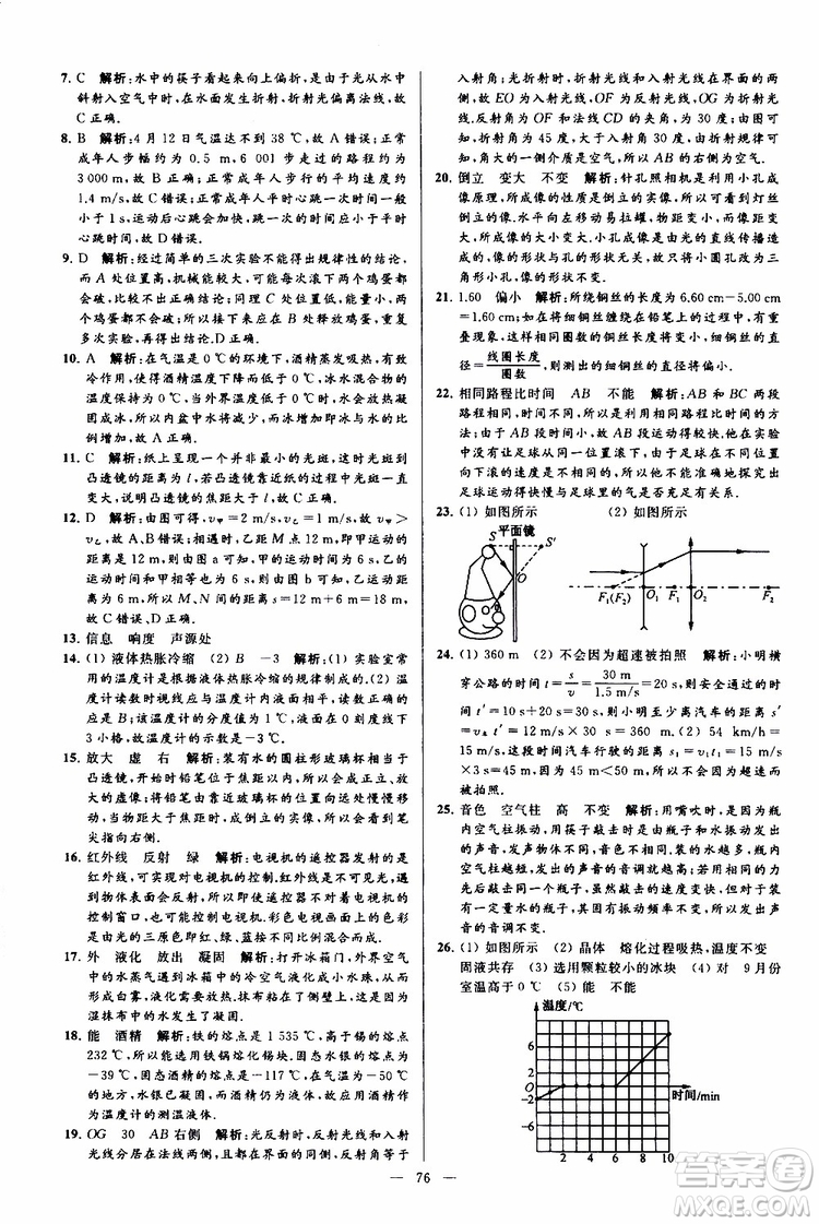 2019年亮點(diǎn)給力大試卷物理八年級(jí)上冊(cè)人教版參考答案