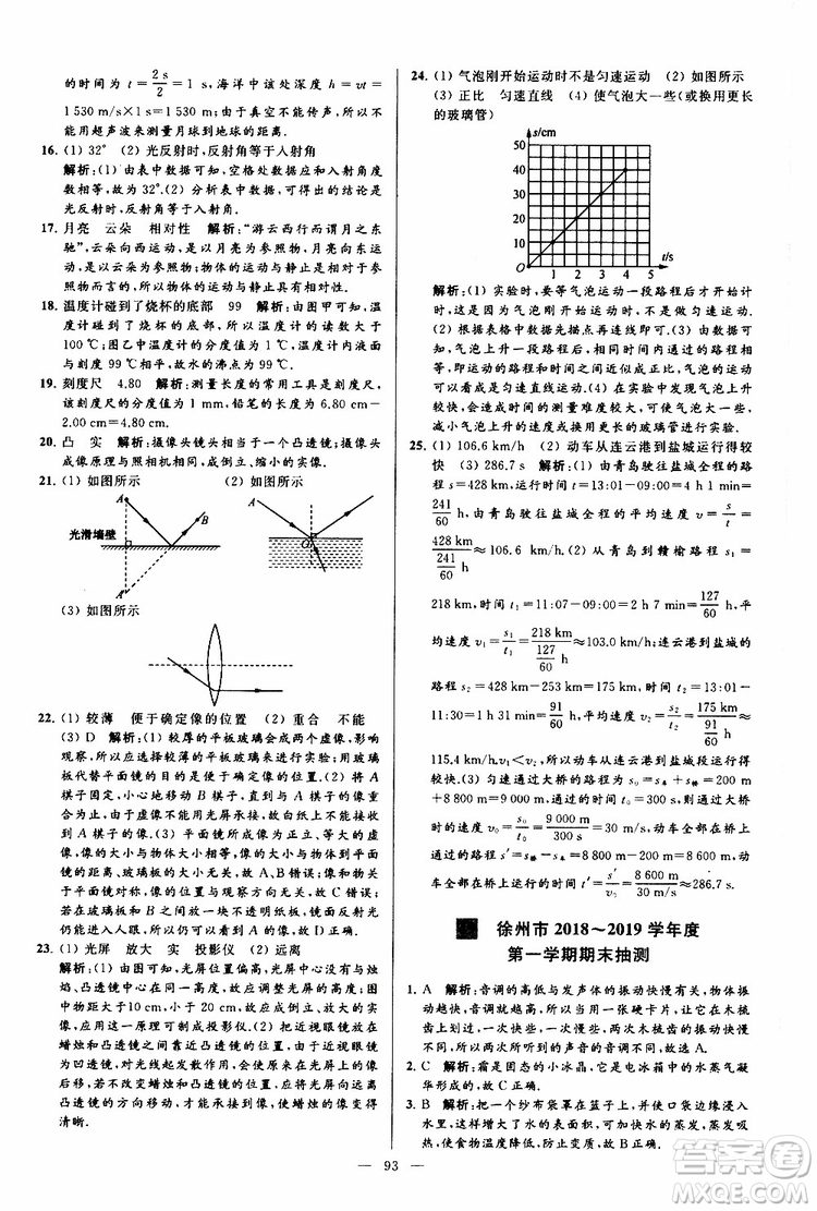 2019年亮點(diǎn)給力大試卷物理八年級(jí)上冊(cè)人教版參考答案