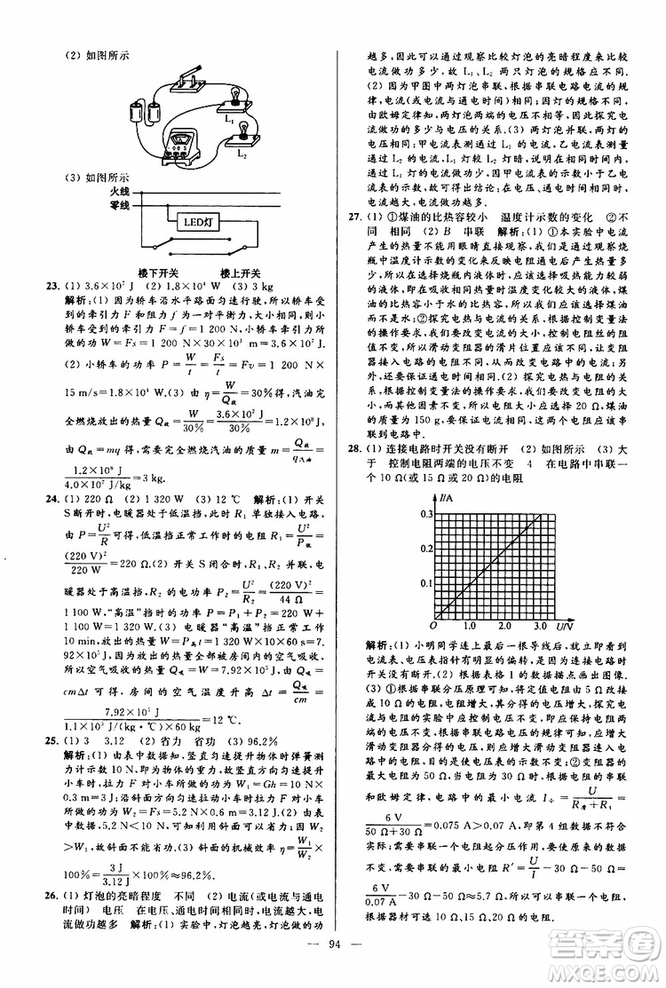 2019年亮點給力大試卷物理九年級上冊人教版參考答案