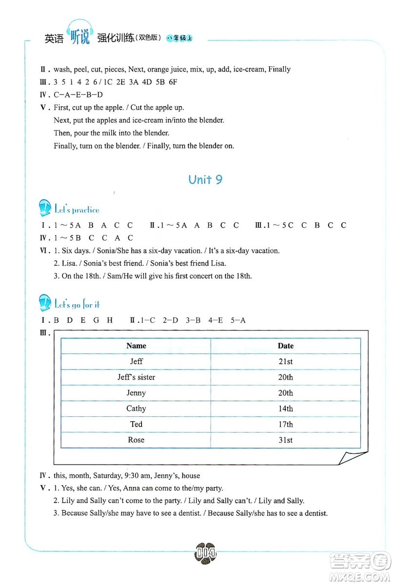 浙江教育出版社2019英語(yǔ)聽(tīng)說(shuō)強(qiáng)化訓(xùn)練八年級(jí)上冊(cè)人教版雙色版答案