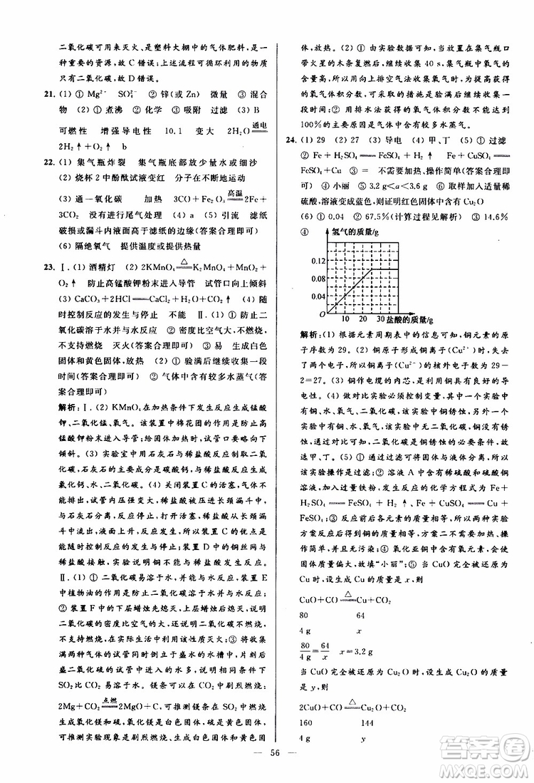 2019年亮點給力大試卷化學(xué)九年級上冊H滬教版參考答案