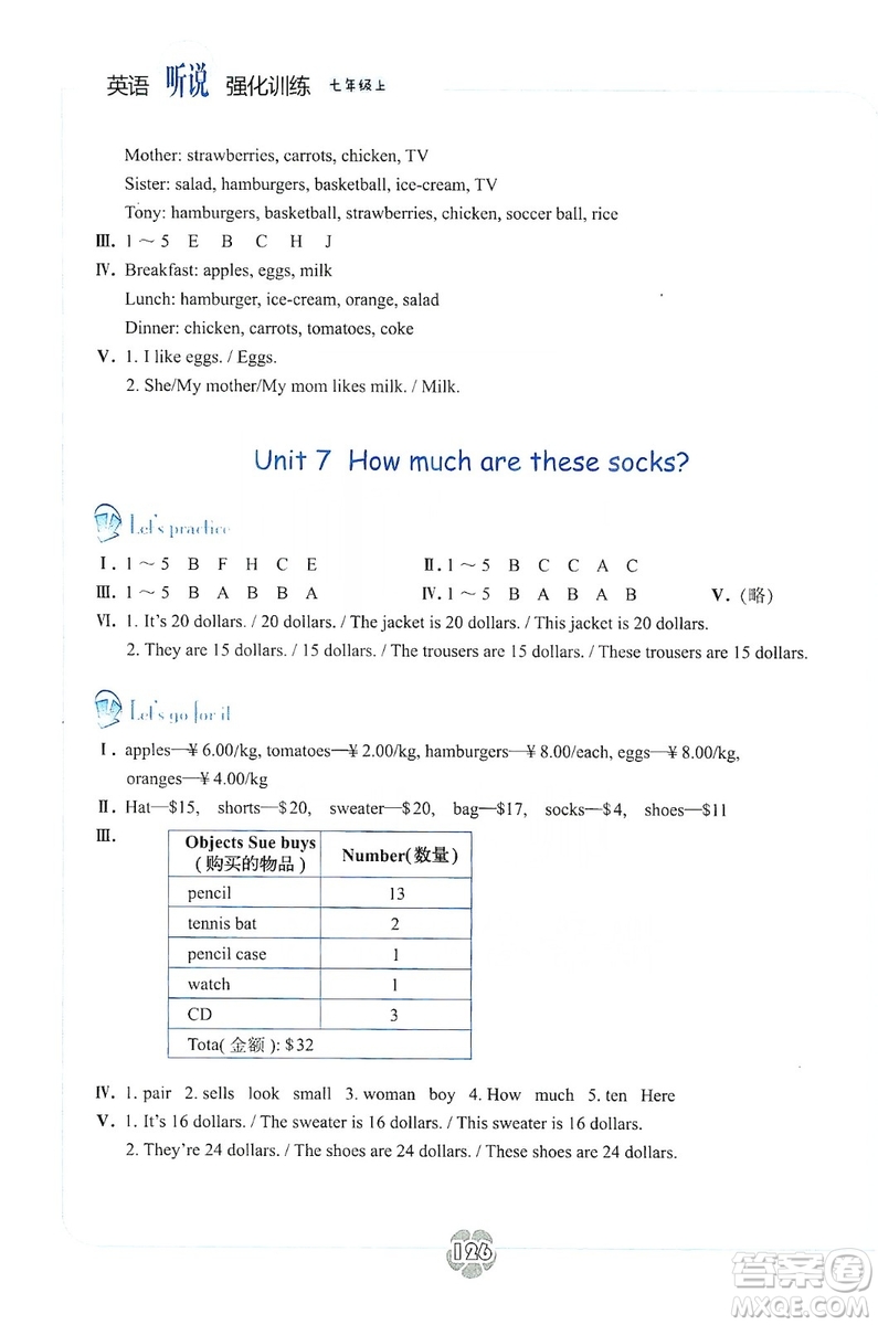 浙江教育出版社2019英語聽說強化訓練七年級上冊雙色版人教版答案