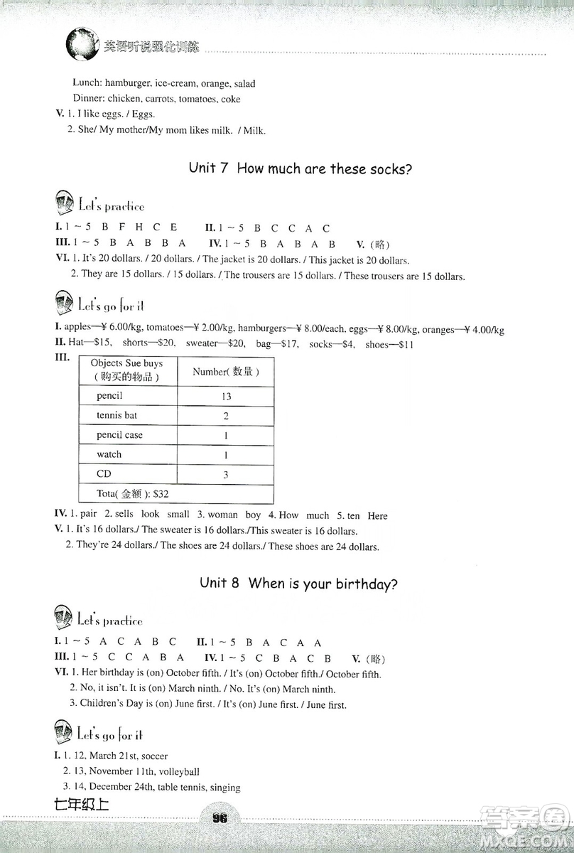 浙江教育出版社2019英語聽說強(qiáng)化訓(xùn)練七年級上冊人教版答案