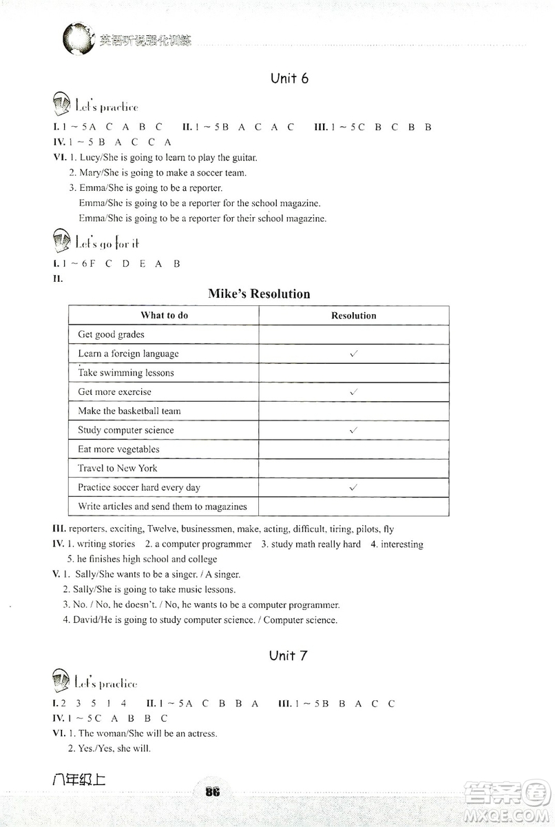 浙江教育出版社2019英語聽說強(qiáng)化訓(xùn)練八年級(jí)上冊(cè)人教版答案