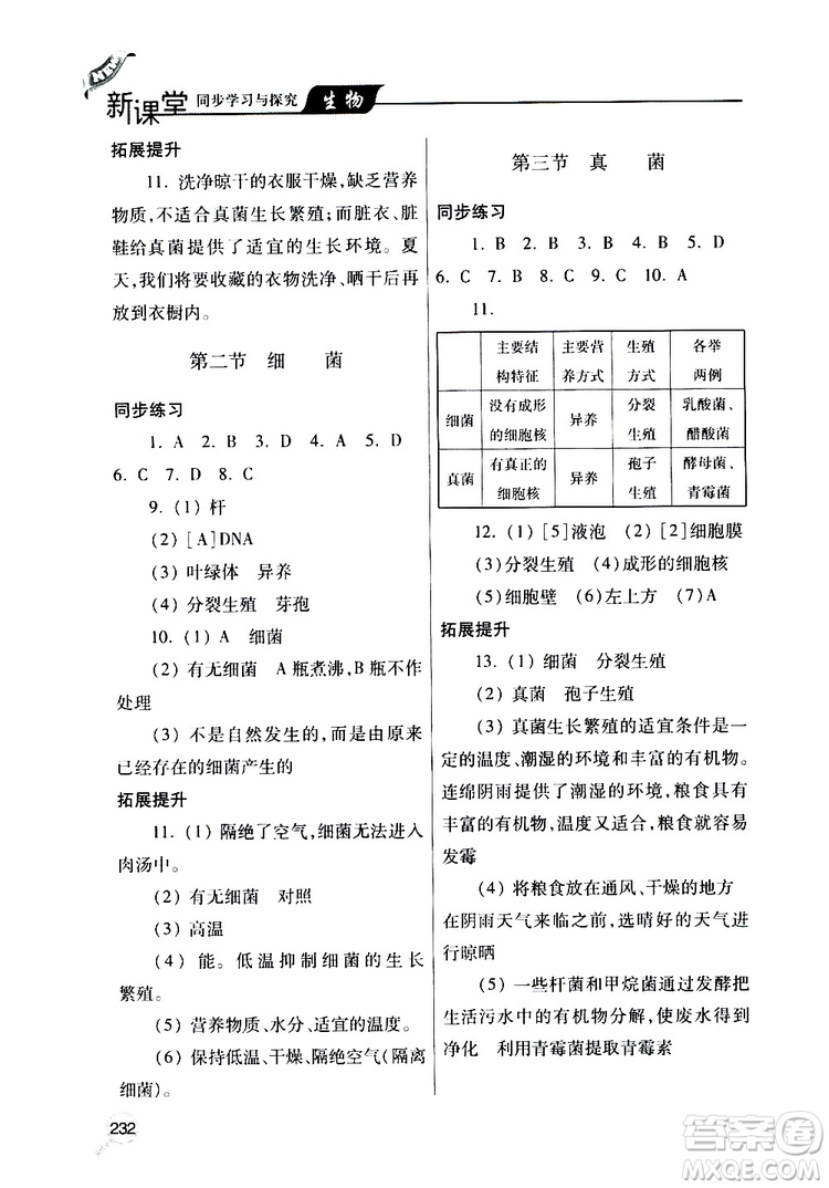 2019年新課堂同步學習與探究生物八年級上學期人教版參考答案