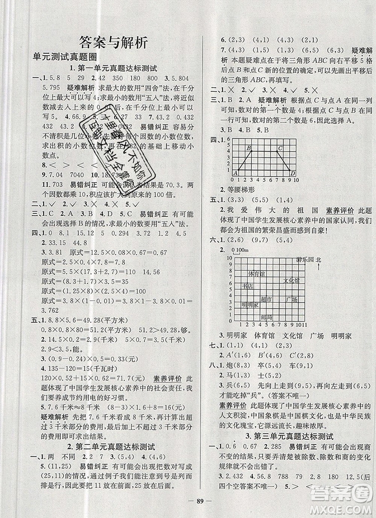 2019年天津市真題圈小學(xué)試卷真卷三步練五年級數(shù)學(xué)上冊答案