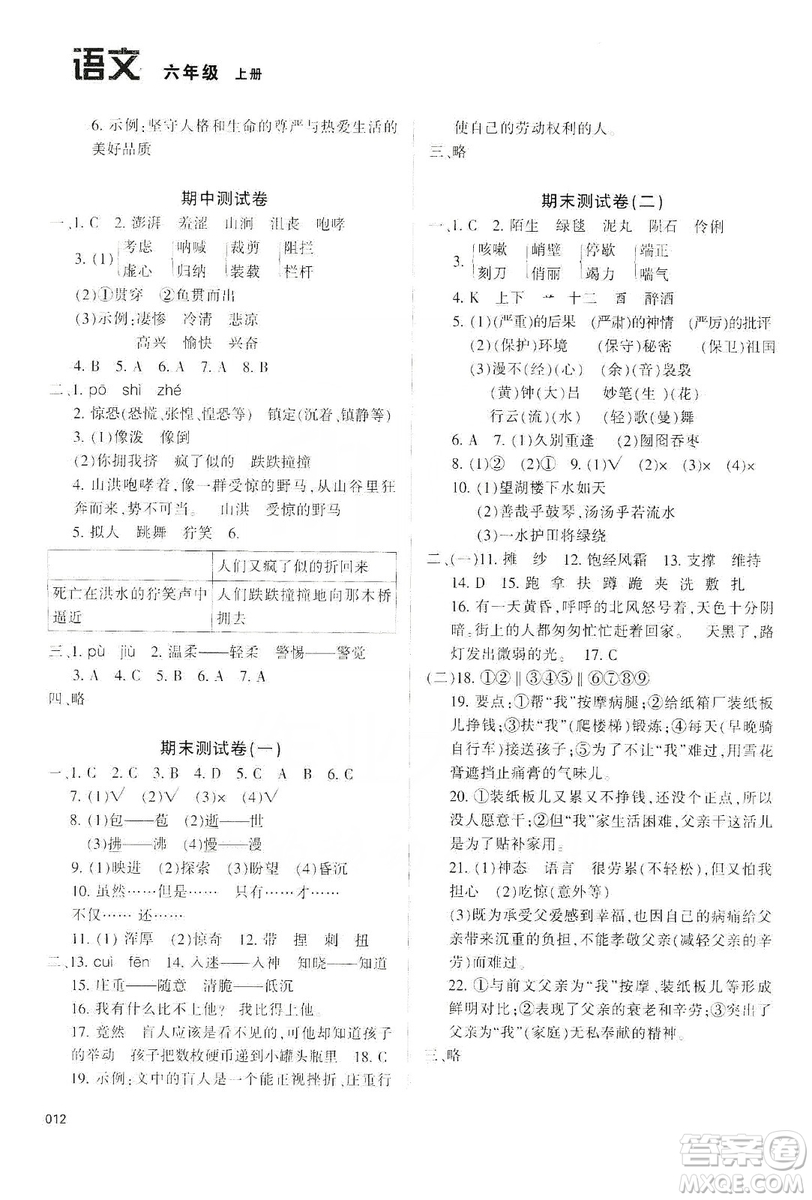 天津教育出版社2019學(xué)習(xí)質(zhì)量監(jiān)測六年級語文上冊人教版答案