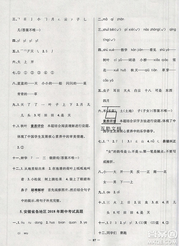 2019年安徽省真題圈小學(xué)試卷真卷三步練一年級(jí)語(yǔ)文上冊(cè)答案