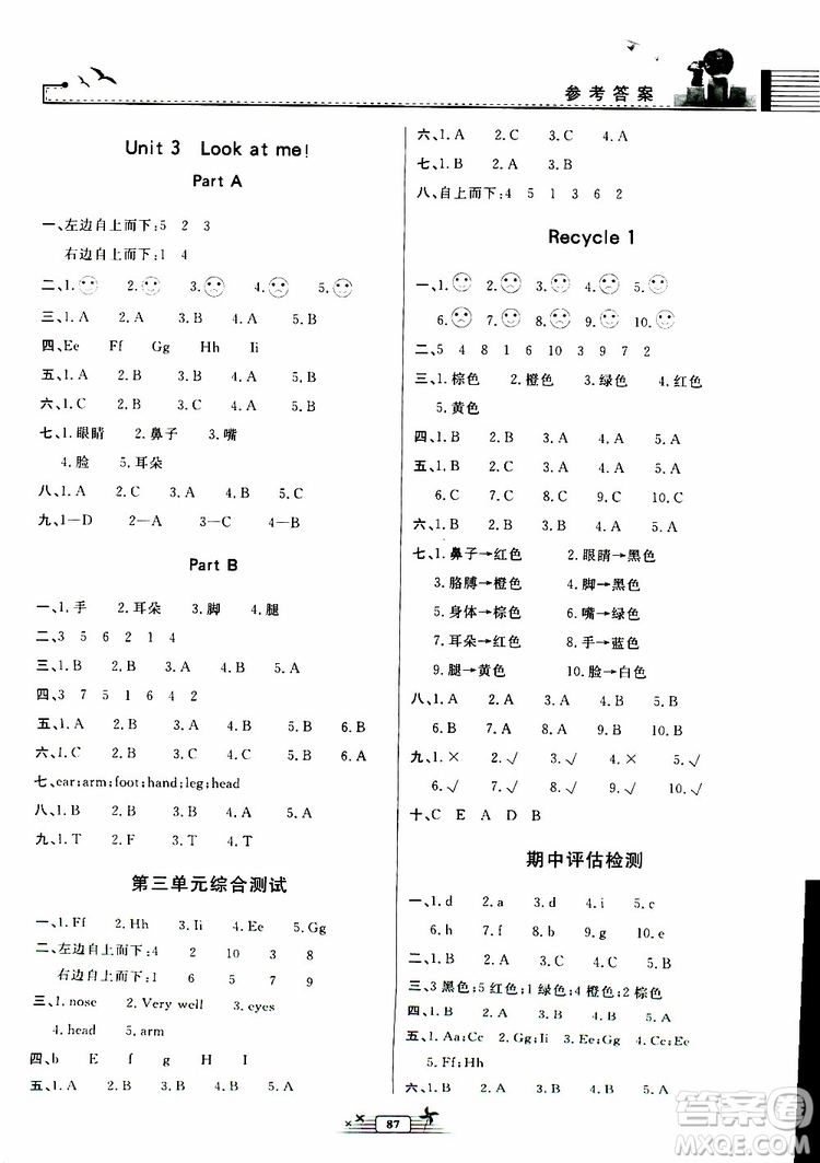 人民教育出版社2019年陽光課堂金牌練習(xí)冊英語三年級(jí)上冊人教版參考答案