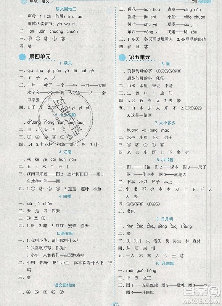 延邊人民出版社2019年百分學(xué)生作業(yè)本題練王一年級語文上冊部編版答案