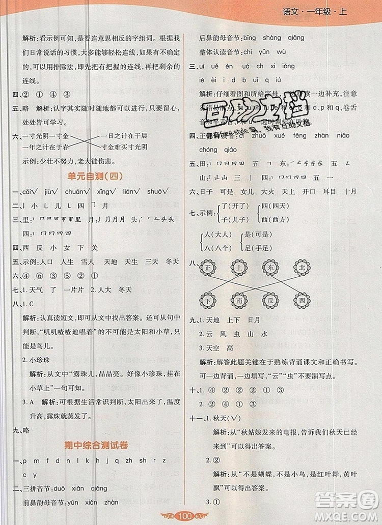 2019年人教版世紀百通百通作業(yè)本一年級語文上冊答案