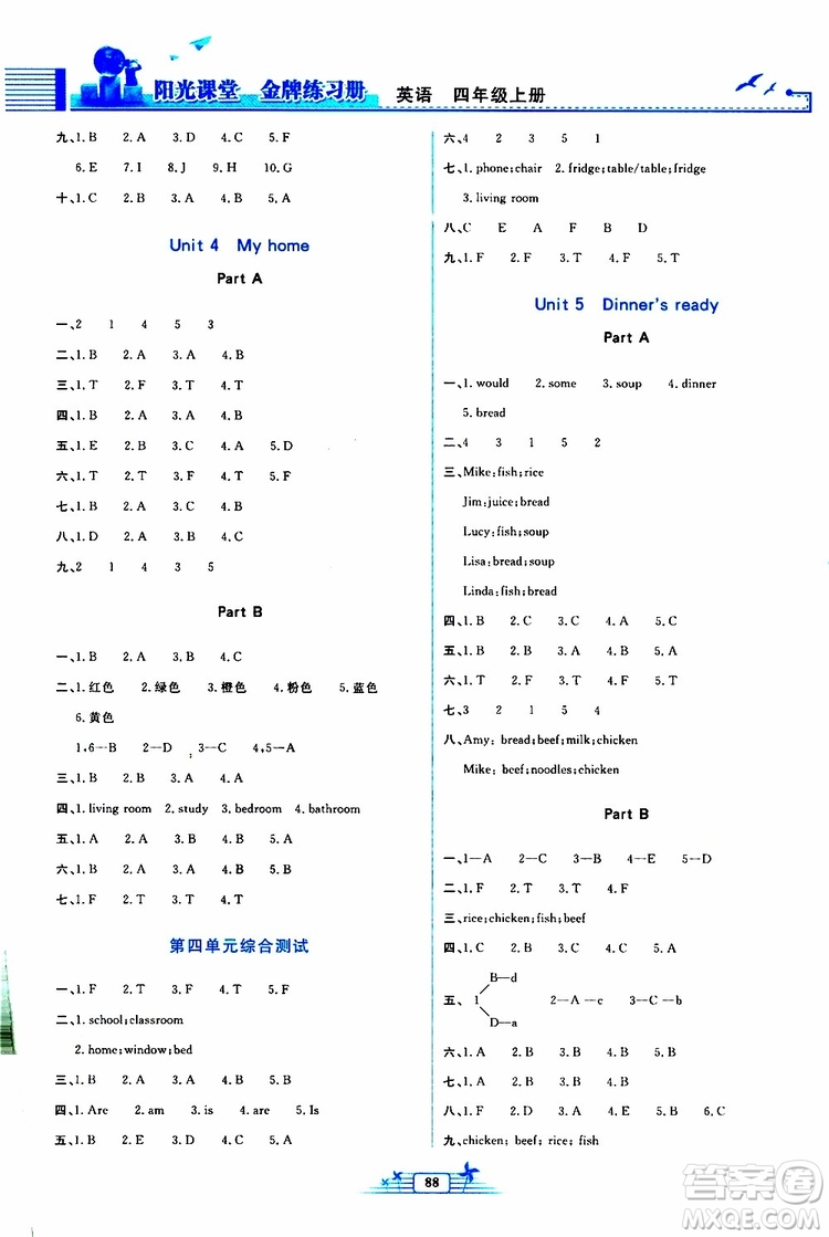 人民教育出版社2019年陽光課堂金牌練習(xí)冊英語四年級上冊人教版參考答案