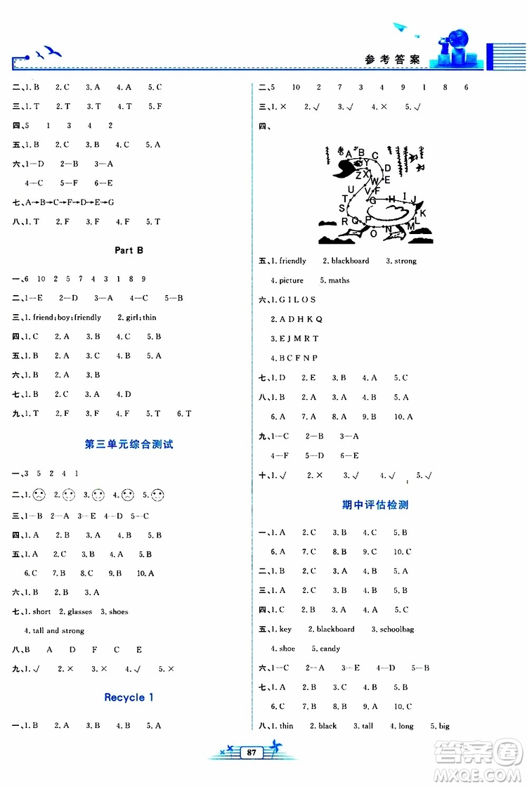 人民教育出版社2019年陽光課堂金牌練習(xí)冊英語四年級上冊人教版參考答案