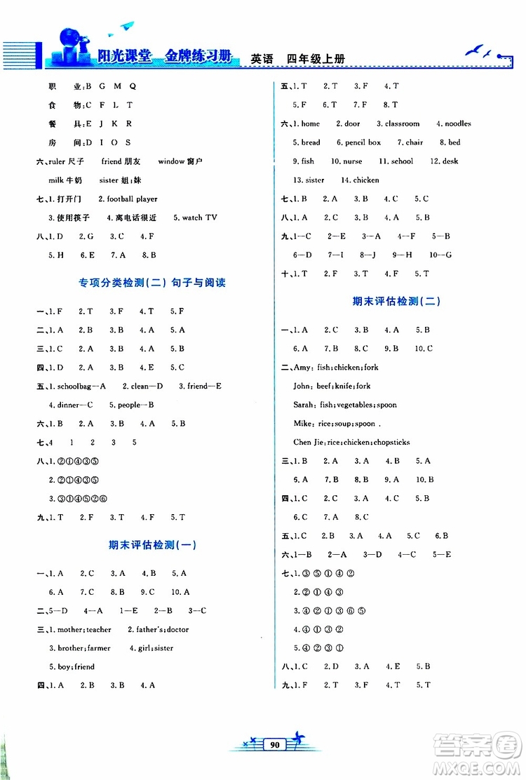 人民教育出版社2019年陽光課堂金牌練習(xí)冊英語四年級上冊人教版參考答案